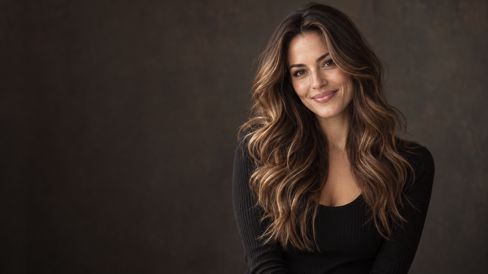 Donna sorridente con capelli castani luminosi e morbide schiariture, ritratto editoriale